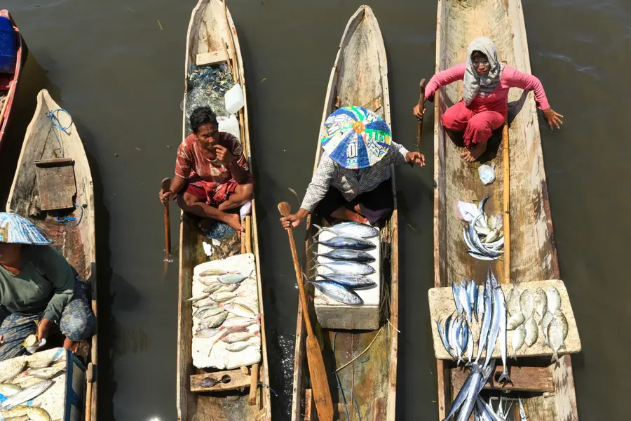 Overhead view of fishermen in wooden canoes with their catch