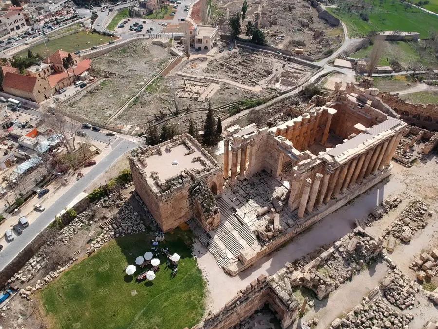 Drone view of ancient Roman temples at Baalbek, Lebanon