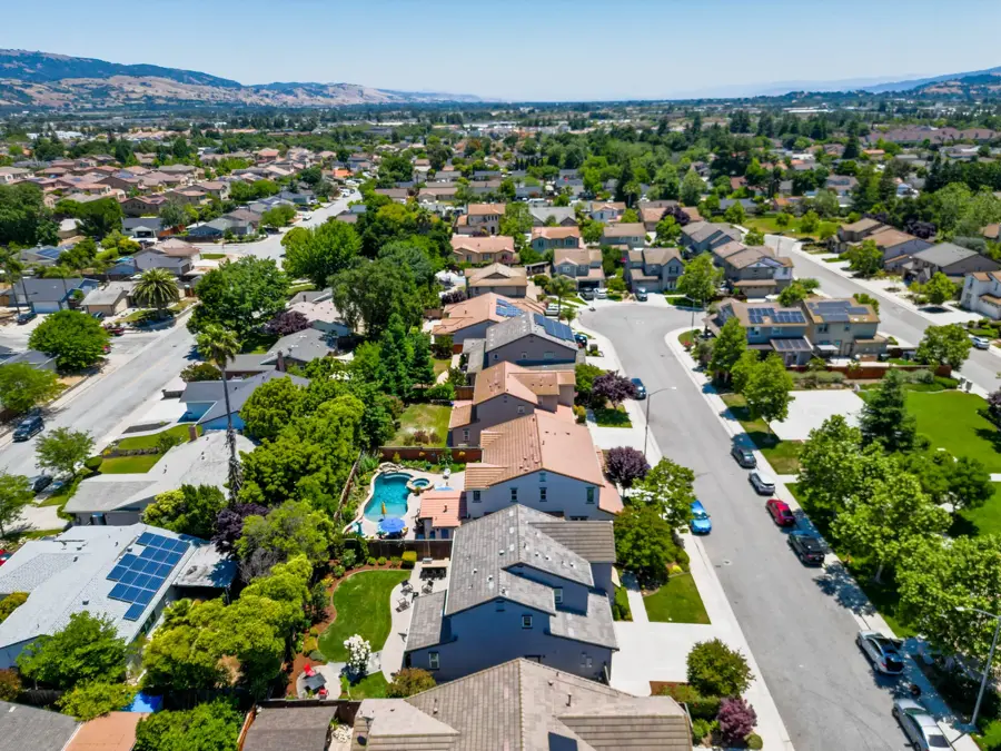 Drone photo over a tree-lined residential street toward the hills